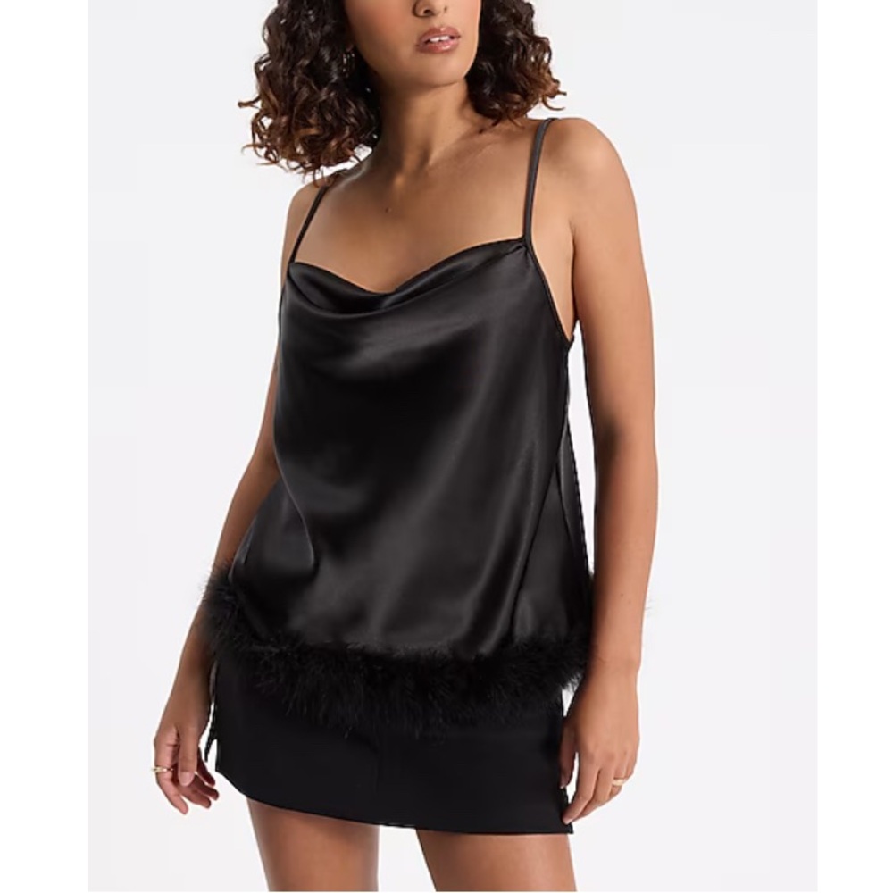 Express Satin Cowl Neck Feather Hem Cami Top Black M